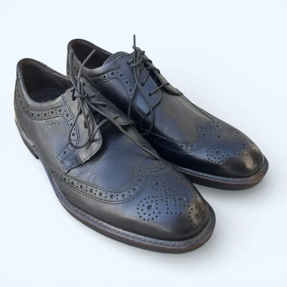 ECCO Black Leather Wingtip Oxford Dress Shoes – Men's Size EU 42 Preppy Comfort